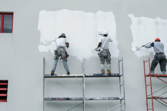Painting crew applying primer to a large exterior wall